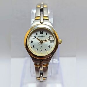Womens Fossil F2 Date Watch Silver Gold Two Tone Bracelet New Battery ES 9439